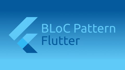 The Flutter logo next to the text “BLoC Pattern Flutter” on a blue background.