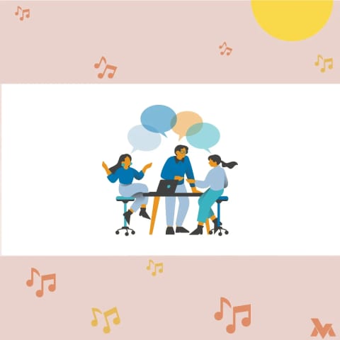 ノートパソコンを置いたテーブルを囲んで話す3人のイラスト。
